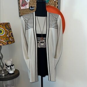 Misook Crème & White Striped Cardigan Sweater Set Sz. M